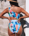 Light Blue Sexy Asymmetric Cutout Belted One Piece Swimsuit