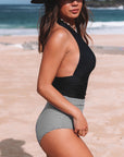 Black Retro Stripe V Neck Backless Halter One Piece Swimsuit