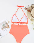 Pink Mesh Contrast Pom Details High Waisted Bikini Swimsuit