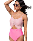 Pink Color Block Cut Out Knotted Backless One Piece Swimsuit