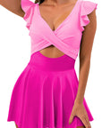 Bright Pink Cut Out Ruffle Crossed One Piece Swimdress