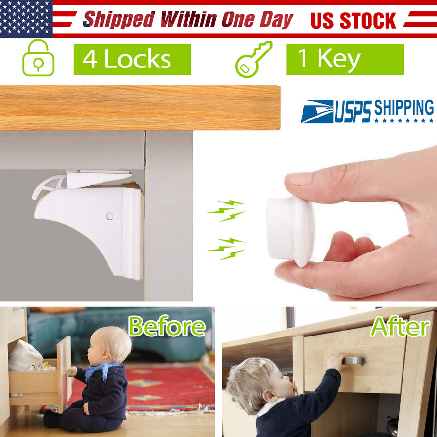 4Pcs Magnetic Cabinet Locks Child Safety Drawer Locks Adhesive Baby Proof Cabinets Latches Kit