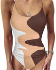 Khaki Printed Color Block Drawstring Sides One Piece Swimsuit