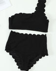 Black Sexy Scalloped Trim Asymmetrical Neck High Waist Bikini Set