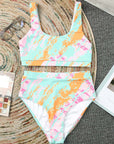 Sky Light Blue Abstract  Waves  Print High Waist Bikini Swimsuit