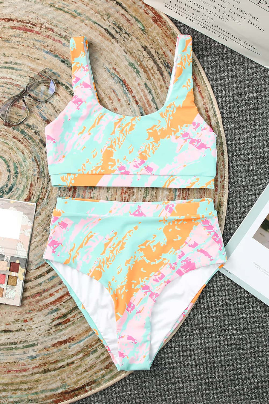 Sky Light Blue Abstract  Waves  Print High Waist Bikini Swimsuit