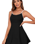 Black Sporty Ribbed Spaghetti Straps One Piece Swimdress