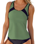 Green Patchwork Casual U Neck Tankini Swimsuit