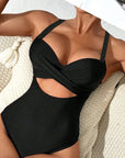 Black Leopard Print V Neck Colorblock One Piece Swimsuit