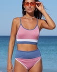 Women Striped Pink Colorblock Spaghetti Straps Ribbed High Waist Bikini Swimsuit