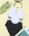 White Striped Backless Cut Out Halter One Piece Swimsuit