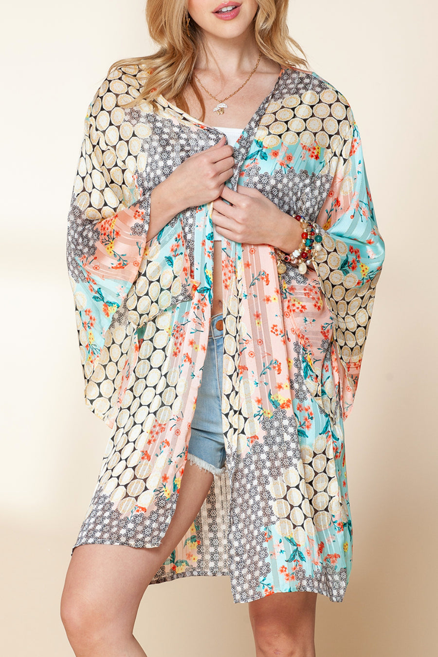 Multicolor Boho Floral Open Front Half Sleeve Kimono Stylish Layering Piece for Bohemian Chic Look