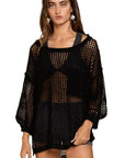 Black Fishnet Hollow-out Long Sleeve Beach Cover up