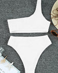 White Crinkle Textured Asymmetric Bikini Swimsuit