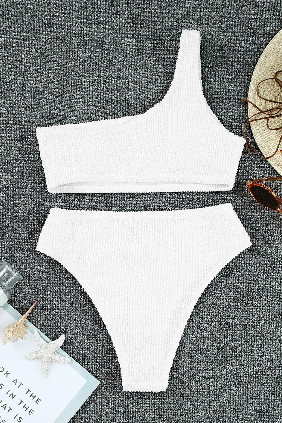 White Crinkle Textured Asymmetric Bikini Swimsuit