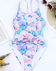 Pink Floral Print Knot High Waist One Piece Swimsuit