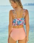 Pink Print Crop Ruffled Overlay High Waisted Tankini