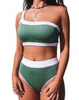 Green Ribbed One Shoulder High Waisted Bikini Swimsuit