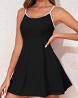 Black Sporty Ribbed Spaghetti Straps One Piece Swimdress