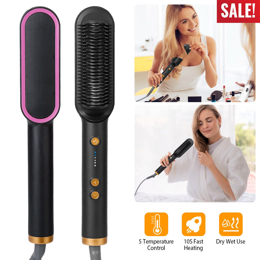 Electric Hair Straightener Brush Straightening Curler Brush Hot Comb 5 Temperature Adjustment 10S Fast Heating