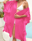 Bright Pink Loose Ruffled Short Sleeve Beach Cover Up