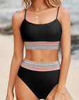 Black Striped Patchwork Spaghetti Strap High Waist Bikini Set