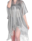 Gold Batwing Sleeve Tasseled Mesh Beach Cover Up