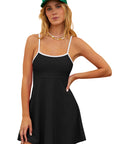 Black Sporty Ribbed Spaghetti Straps One Piece Swimdress