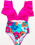 Rose V Neck Ruffles Floral Print High Waist Two Piece Swimsuit