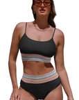 Black Striped Patchwork Spaghetti Strap High Waist Bikini Set