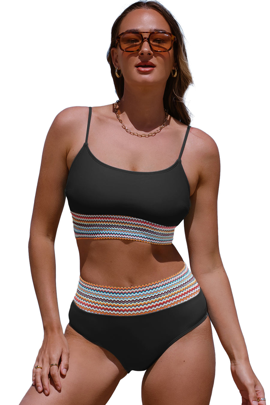 Black Striped Patchwork Spaghetti Strap High Waist Bikini Set