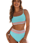 Black Striped Patchwork Spaghetti Strap High Waist Bikini Set