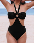 Black Sexy O Ring Ruched Bust Halter Monokini