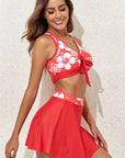 Fiery Red 3pcs Flower Printed Crossed Top and A Line Skirt Bikini Set