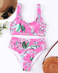 Women Swimsuit Rose Tropical Scoop Neck Ribbed High Waist Bikini Set Two Piece High Waisted Print Bathing Suit