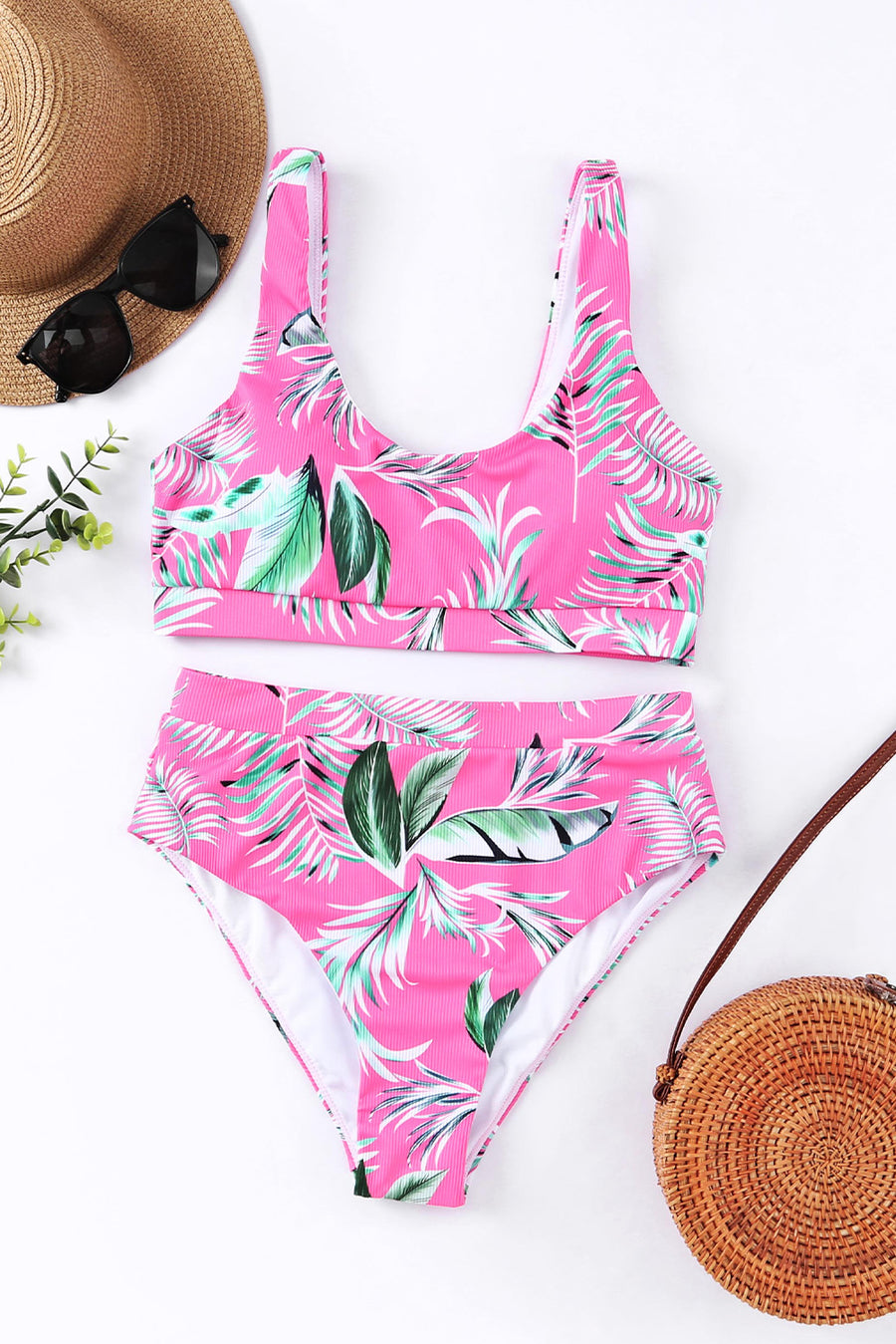 Women Swimsuit Rose Tropical Scoop Neck Ribbed High Waist Bikini Set Two Piece High Waisted Print Bathing Suit