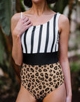 Leopard Striped Colorblock Asymmetrical Sleeveless One Piece Swimsuit