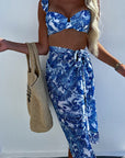 Blue 3pcs Flower Print Ruffled Bikini Set with Cover Up Skirt