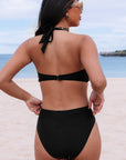 Black Sexy O Ring Ruched Bust Halter Monokini