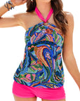 Green Tropical Print Halter Tankini Set