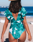 Green Deep V Neck Floral Print Ruffles One Piece Swimsuit