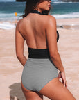 Black Retro Stripe V Neck Backless Halter One Piece Swimsuit