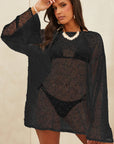 Black Pompom Mesh Long Sleeve Side Split Beach Cover Up