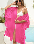 Bright Pink Loose Ruffled Short Sleeve Beach Cover Up