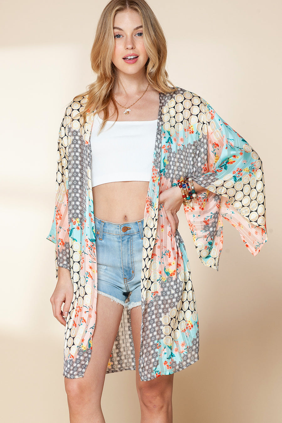 Multicolor Boho Floral Open Front Half Sleeve Kimono Stylish Layering Piece for Bohemian Chic Look