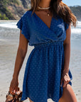 Skin Help Zone Women's Sky Blue Swiss Dot V Neck Wrap Beach Dress