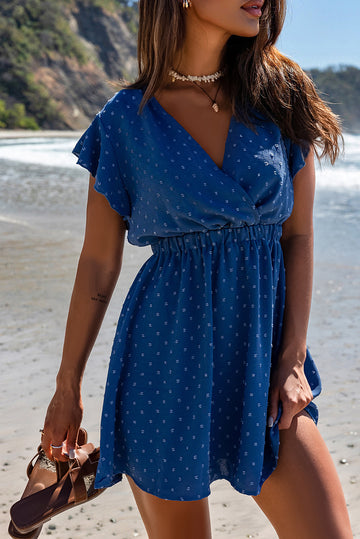 Skin Help Zone Women's Sky Blue Swiss Dot V Neck Wrap Beach Dress