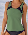 Green Patchwork Casual U Neck Tankini Swimsuit