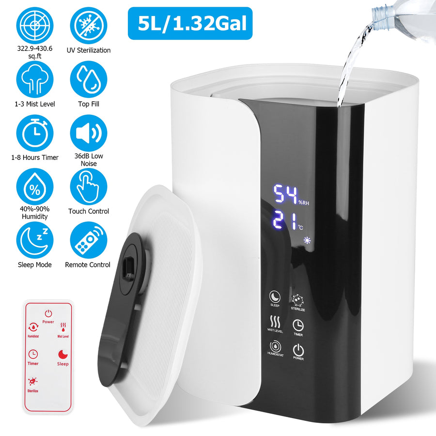 5L/1.32Gal Humidifiers Top Fill Cool Mist Humidifier with Essential Oils Diffuser Filter 360° Rotatable Outlet Nozzle 1-8 Hours Timer 1-3 Level Mist 4