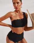 Black Sexy Scalloped Trim Asymmetrical Neck High Waist Bikini Set